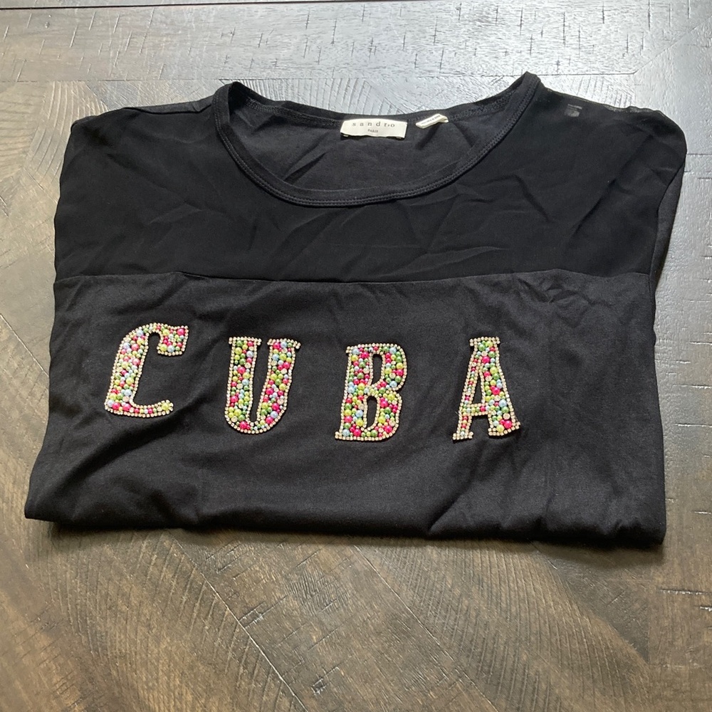 Sandro Black Tee with Multicolor Beaded 'CUBA'